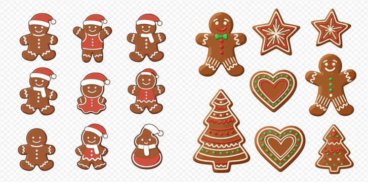 Festive gingerbread cookies in various shapes and Christmas attire, arranged on a transparent background.