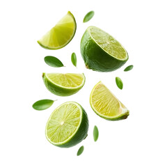 Lime fruit with half slices falling or floating png