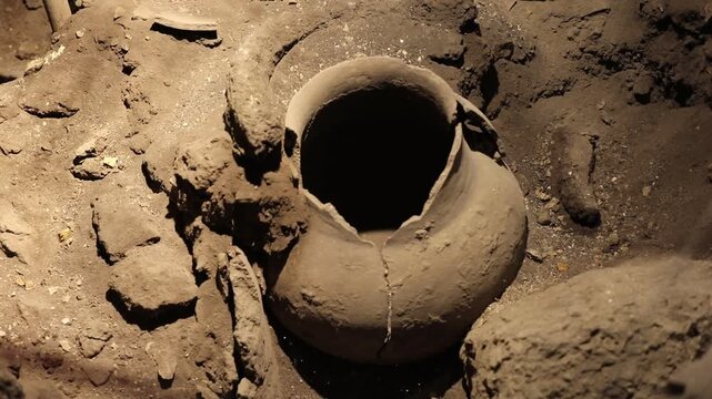 Close-up of ancient clay storage vessels unearthed at an archaeological site, possibly used for wine or grain storage in an ancient cellar.