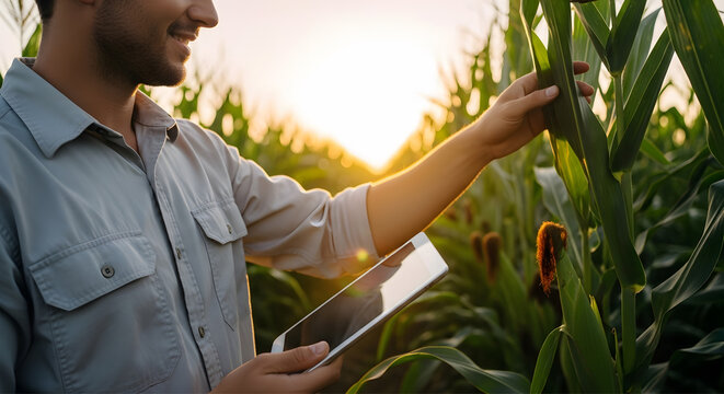 Smiling Farmer Using Tablet in Corn Field