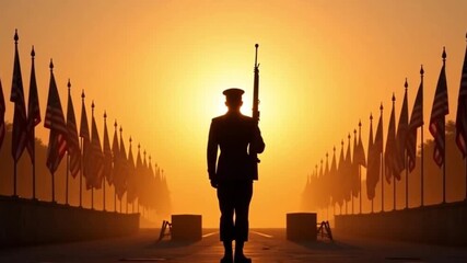Ceremonial Honor: Soldier with Rifle Among American Flags at Sunrise