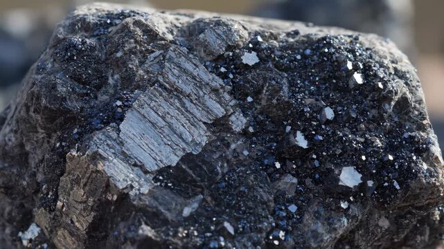 Metallic Mineral Rock Specimen - A close-up shot showcasing a mineral rock sample with metallic crystal inclusions.