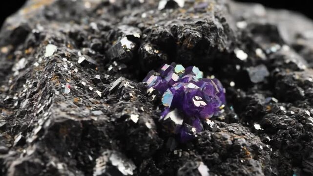 Purple Crystal on Mineral Rock - A close-up shows a dark, rough mineral rock formation, embedded with shiny metallic specks and a striking cluster of vibrant purple crystals.