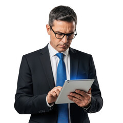 Focused businessman wearing a suit and tie intently examining a digital tablet screen isolated on transparent background