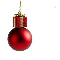 A close-up shot of a red Christmas ornament against a white backdrop.