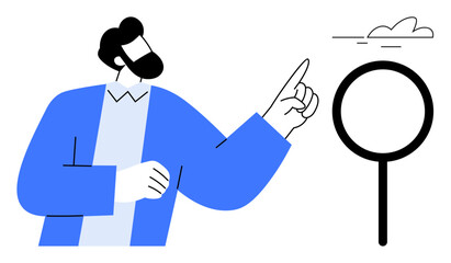 Businessman pointing at a magnifying glass and a cloud, symbolizing exploration, focus, and investigation. Ideal for search, research, innovation, insight discovery learning growth. Simplistic