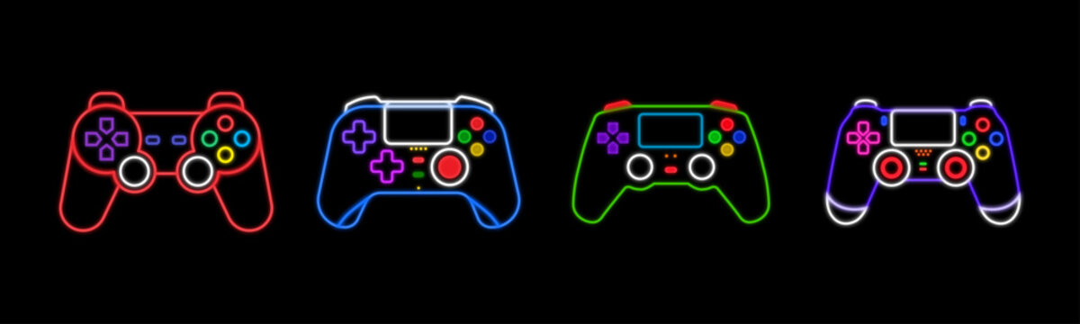 Neon Game Controllers Set Vector Illustration: Joystick Icons for Gaming, Streaming, Technology, AI Editable File