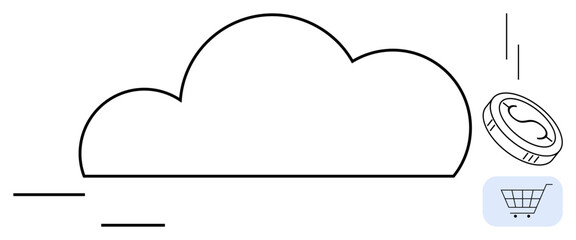 Cloud with digital coin and shopping cart symbolizing online shopping. Ideal for technology, e-commerce, payment processing, cloud storage, digital transactions, modern banking, simple flat metaphor