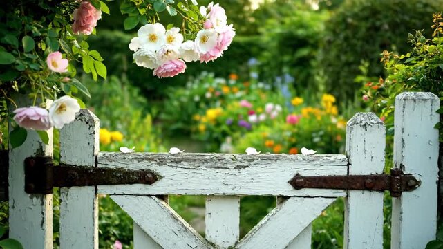 Open Garden Gate with Blossoms - A charming view of an old white wooden garden gate, slightly ajar, with pink and white blossoms cascading over it.