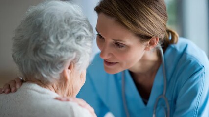 A compassionate nurse comforts an elderly woman during a heartfelt interaction in a care setting