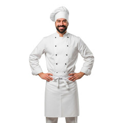 A smiling male chef wearing a traditional white uniform and hat stands confidently with his hands on his hips isolated on transparent background