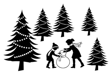 christmas trees  with snowman and children