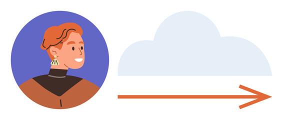 Smiling person profile with arrow pointing to a cloud, symbolizing connection, transfer, or technology. Ideal for networking, digital tools, cloud storage, progress, innovation data sharing