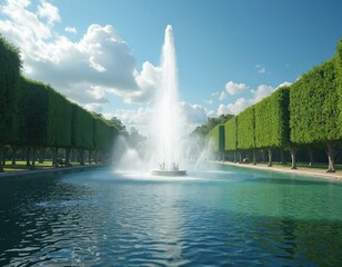 Scenic view large fountain against clear sky in beautiful park. Water features enhances landscape. Manicured trees stand symmetrically near water. Perfect location for leisure activity on sunny day.