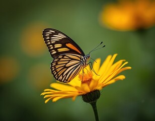 Striking close up view of butterfly on yellow flower. Monarch enjoys nectar on colorful blossom in vibrant garden. Flora and fauna on green background. Insect rests on plant.