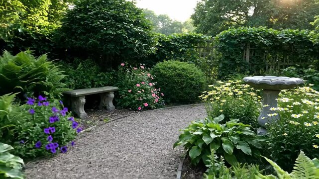 Serene Garden Path Landscape - This video captures a tranquil garden scene with a stone path leading through lush greenery, colorful flowers, and a birdbath.