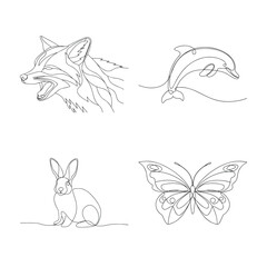 Elegant Continuous Line Art Collection Featuring Wild Animals and Graceful Butterfly Design Elements