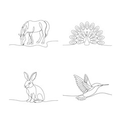Continuous Line Art Featuring Horse Peacock Rabbit and Hummingbird Minimalist Design