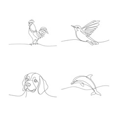 Minimalist Line Art Collection Featuring a Rooster Bird Dog and Dolphin Animals