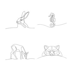 Continuous Line Drawing of Animals Bunny Seahorse Deer and Raccoon simple minimalistic design