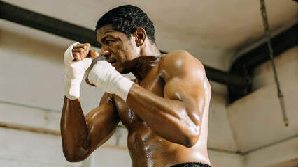 Strong black boxer practicing boxing stance in gym during training  