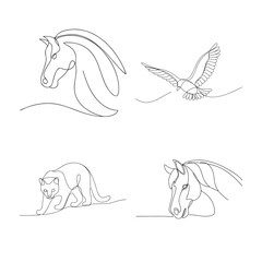 Elegant continuous line drawings of animals including horses eagle and feline for minimalist design