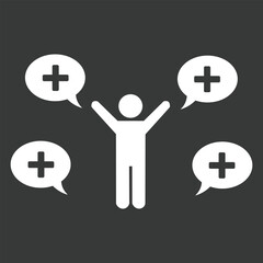 Obraz premium Creative design vector art of person with raised arms surrounded by speech bubbles with plus signs, positive feedback and communication