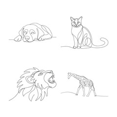 Minimalist one line animal drawing set featuring dog cat lion and giraffe wildlife illustration