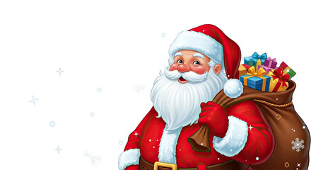 Cheerful santa claus with a sack full of gifts and stars isolated on transparent background