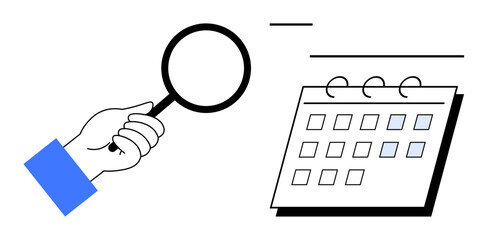 Hand holding magnifying glass focused on a calendar with marked dates. Ideal for scheduling, planning, organization, time management, event tracking, task prioritization, productivity. Simple flat