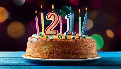 celebration birthday cake with twenty one colorful birthday candles