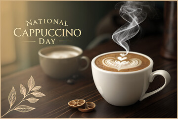 Warm and Inviting Close-Up of a Steaming Cappuccino with Latte Art, Celebrating National Cappuccino Day on a Dark Wooden Table