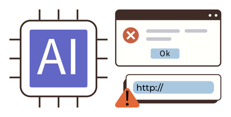 AI processor chip, error message pop-up with close button, warning triangle next to a browser URL bar. Ideal for technology, AI risks, cybersecurity, warnings, system failures, digital safety simple