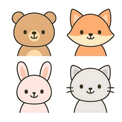 Cute hand drawn cartoon animal faces including bear fox rabbit and cat perfect for children's books and designs