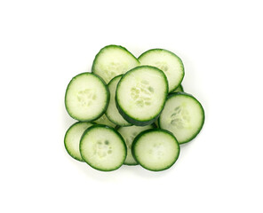 Cucumber cut isolated, cucumber round slices, green vegetable cuts for salad isolated