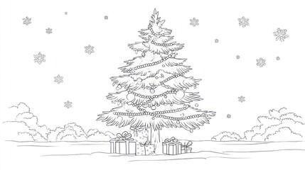 A stylized Christmas tree illustration with gifts and snowy background, sketched in black lines