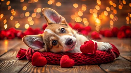 A charming corgi puppy rests on a red knitted blanket surrounded by heartshaped decorations, illuminated by soft, warm bokeh lights for valentines day