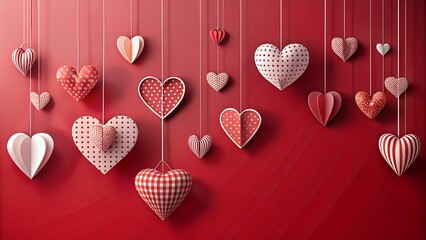 A charming assortment of hanging paper hearts in various patterns and textures against a vibrant red backdrop, perfect for valentines day decoration
