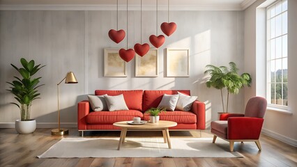 A cozy living room is decorated with red heartshaped balloons and a matching red sofa, creating a warm and inviting valentines day atmosphere