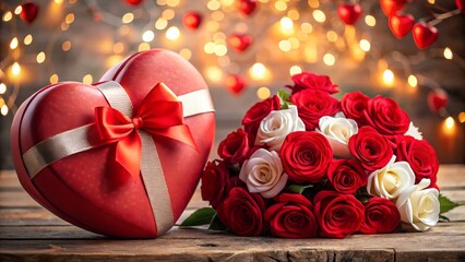 A heartshaped gift box and a bouquet of red and white roses are arranged on a wooden surface, creating a romantic valentines day scene