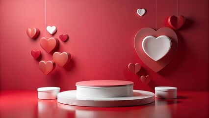 A captivating valentines day scene featuring a red and white podium adorned with floating hearts, creating a romantic and visually stunning backdrop for product display