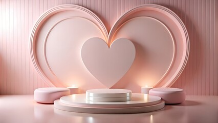 A charming valentines day display featuring a pink podium and heartshaped backdrop, creating a soft and romantic ambiance for showcasing products or messages of love