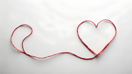 Red string forming a heart shape on a white background, symbolizing love, connection, and emotion isolated on white background