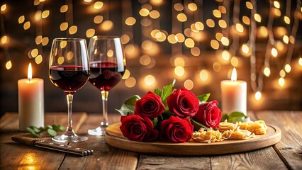 Romantic valentines day dinner with red wine, roses, and candles on a wooden table with bokeh lights in the background creating a cozy atmosphere