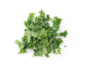 Pieces of kale cabbage leaves isolated. Green leaf of curly cabbage cooked for fresh salad