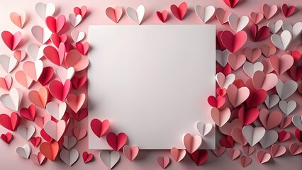 A delightful array of paper hearts in varying shades of pink and red, artfully arranged around a pristine white square, creating a captivating valentines day scene