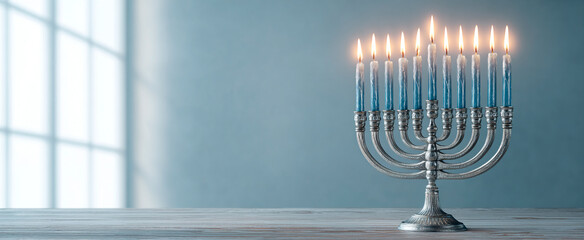 Hanukkah menorah with blue candles burning on wooden table, Jewish festival of lights celebration background