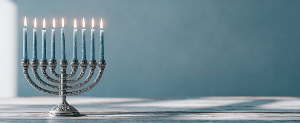 Hanukkah menorah with blue candles burning on wooden table, Jewish festival of lights celebration background