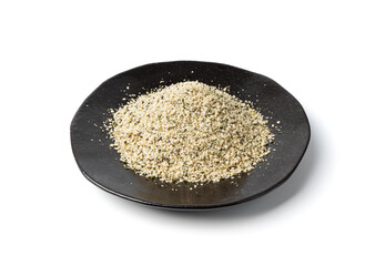 Shelled hemp seeds pile isolated, peeled cannabis grains, marijuana kernels without peel