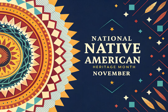 Vibrant Geometric Design Celebrating National Native American Heritage Month in November with Rich Cultural Patterns and a Dark Blue Background